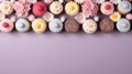 A row of colorful cupcakes with flowers and butterflies on top, AI Royalty Free Stock Photo