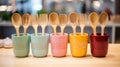 A row of colorful cups with wooden spoons in them, AI