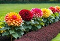 A row of colorful dahlias in a flowerbed.