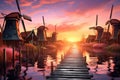 row of colorful dutch windmills at sunset Royalty Free Stock Photo