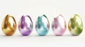 A row of colorful Easter eggs arranged in a row on a white background. Painted shiny chicken eggs, holiday decorative Royalty Free Stock Photo