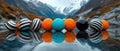 A 3D rendering of a row of colorful spheres on a reflective surface, with a mountainous backdrop. Royalty Free Stock Photo