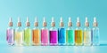 Row of colorful essential oil bottles with droppers against a blue background Royalty Free Stock Photo