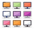 Row of colorful flat design monitors with blank screens. Nine different computer screens with vibrant colors. Graphic