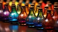 A row of colorful glass bottles lined up on a table, AI Royalty Free Stock Photo