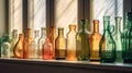 Row of colorful glass bottles on window sill. Vintage multicolored bottles in rays of sun. Generative AI Royalty Free Stock Photo