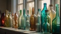 Row of colorful glass bottles on window sill. Vintage multicolored bottles in rays of sun. Generative AI Royalty Free Stock Photo