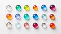 Row of colorful glass spheres on a white surface, reflecting light. Concept of glass art, marbles collection, color Royalty Free Stock Photo