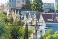 Row of colorful houses in San Francisco California in modern neighborhood with blue beige red yellow and white houses or Royalty Free Stock Photo