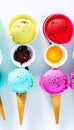 Row of colorful ice cream scoops with decorations, shot from above, isolated on white background, AI Generative Illustration Royalty Free Stock Photo