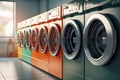 A row of colorful industrial washing machines in a public laundromat. Generative AI