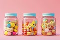 A row of colorful jars filled with various candies and cookies with Generative AI Royalty Free Stock Photo