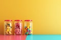 A row of colorful jars filled with various candies and cookies with Generative AI Royalty Free Stock Photo