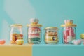 A row of colorful jars filled with various candies and cookies with Generative AI Royalty Free Stock Photo