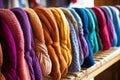 row of colorful knitted scarves draping a rack