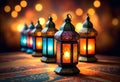 a row of colorful lanterns with lights on the top and bokeh on the backcground