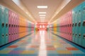 Row of colorful lockers in a school corridor. 3D rendering, A colorful school hallway with lockers captured at dawn before school