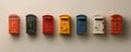 A row of colorful mailboxes from different countries