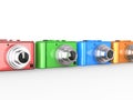 Row of colorful modern digital cameras