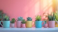 A row of colorful mugs with succulents in them, AI