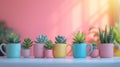 A row of colorful mugs with succulents in them on a table, AI