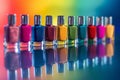 A row of colorful nail polish bottles are lined up on a table