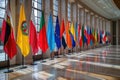 Row upon row of colorful national flags stand in a bright hallway, representing the countries involved in a diplomatic