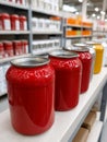 Row of colorful paint cans on a shelf in a hardware store. Royalty Free Stock Photo