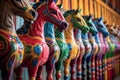 row of colorful painted carousel horses in a line Royalty Free Stock Photo