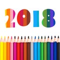 2018, row of colorful pencils on white Royalty Free Stock Photo