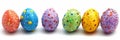 A row of colorful plastic eggs lined up on a white surface, AI Royalty Free Stock Photo