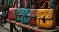 A row of colorful purses sitting on a wooden table, AI