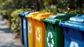 A row of colorful recycling bins lined up next to a sidewalk, AI Royalty Free Stock Photo