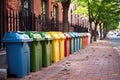 a row of colorful recycling bins lined up on a sidewalk