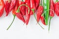 Row of Colorful Red and Green Hot Spicy Chili Peppers on White Marble Stone Background. Upper Border. Food Poster. Mexican Cuisine