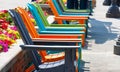 Colorful relaxing plastic chairs at Navy Pier in Chicago Royalty Free Stock Photo