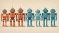 A row of colorful robots stand in a line ready for action Royalty Free Stock Photo
