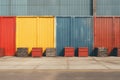 a row of colorful shipping containers in front of a building