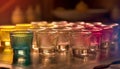 A row of colorful shot glasses on a shiny metal bar generated by AI Royalty Free Stock Photo