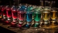 A row of colorful shot glasses on a wet table generated by AI Royalty Free Stock Photo