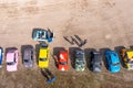 row of colorful stylish vintage Fiat 126 PanCars rental cars, aerial drone view Royalty Free Stock Photo