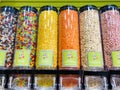 A row of colorful and tasty jelly belly candies beans display