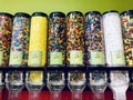 A row of colorful and tasty jelly belly candies beans display