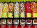 A row of colorful and tasty jelly belly candies beans display