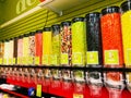 A row of colorful and tasty jelly belly candies beans display