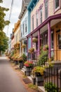 row of colorful townhouses on a charming street