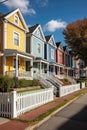 row of colorful townhouses with white picket fences Royalty Free Stock Photo