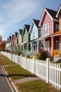 row of colorful townhouses with white picket fences Royalty Free Stock Photo