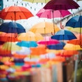 A row of colorful umbrellas hanging from a street, AI