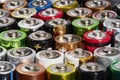 Row of colorful used batteries.Recycling concept